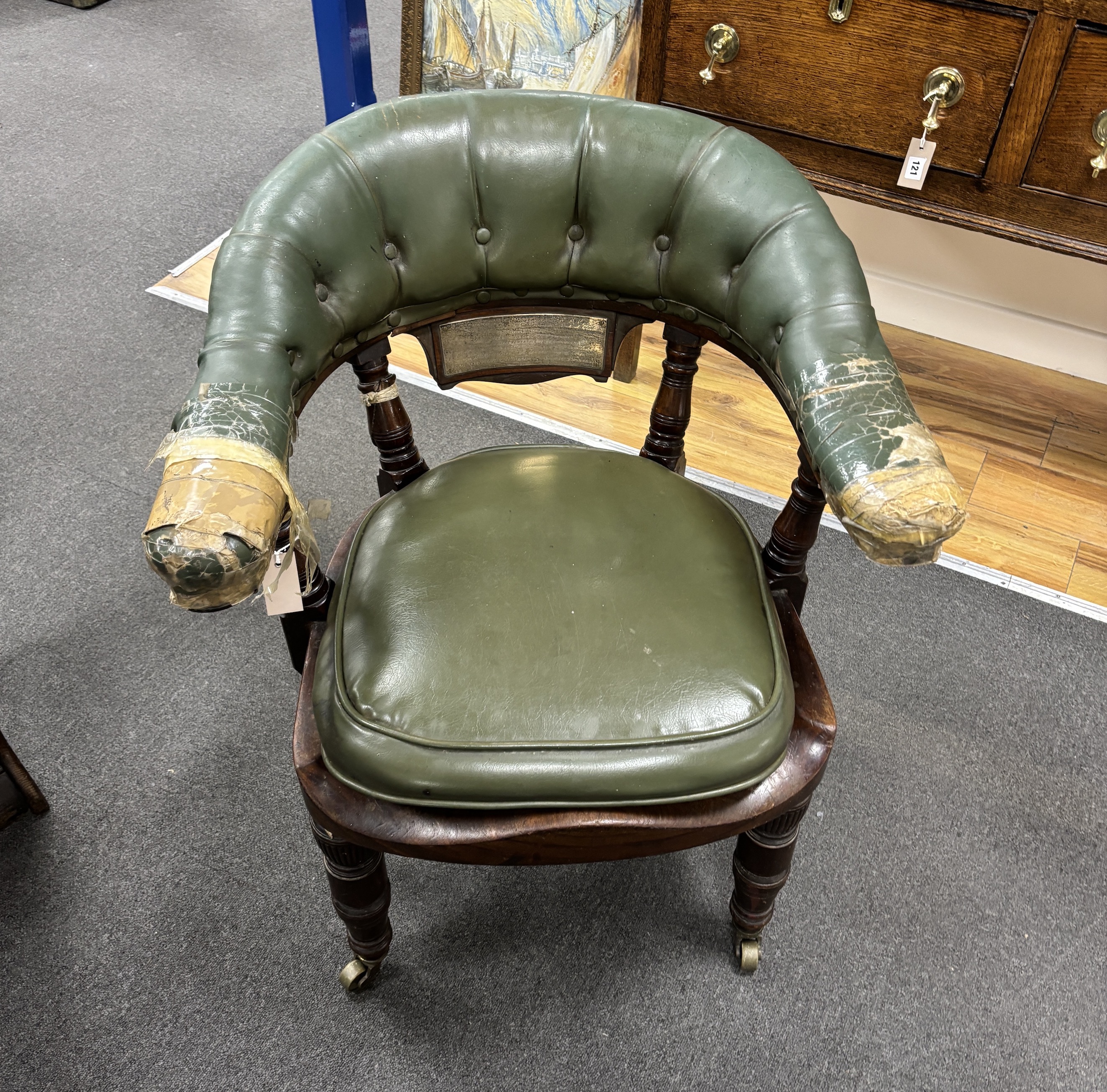 A late Victorian mahogany pedestal desk, width 118cm, depth 65cm, height 148cm, provenance Pickersgill, Labour MP and an associated late Victorian mahogany office elbow chair, provenance as above